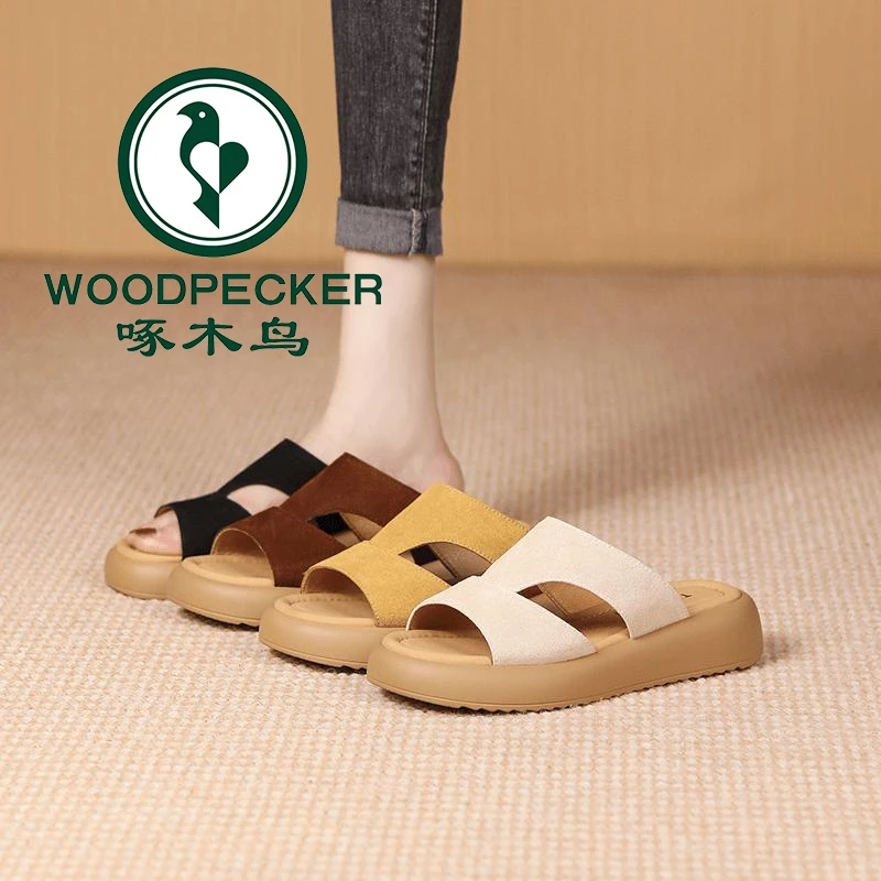 啄木鸟厚底凉拖鞋女夏外穿2025年新款时尚复古百搭软底一字沙滩鞋