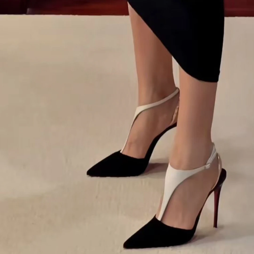 高跟鞋女2025年新款T带黑金拼色性感名媛风绒面包头细跟尖头凉鞋