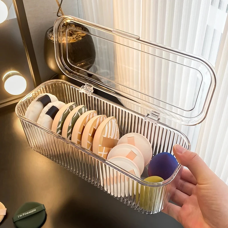 粉扑收纳盒梳妆台桌面化妆品刷子口红防尘盒气垫置物架美妆蛋收纳
