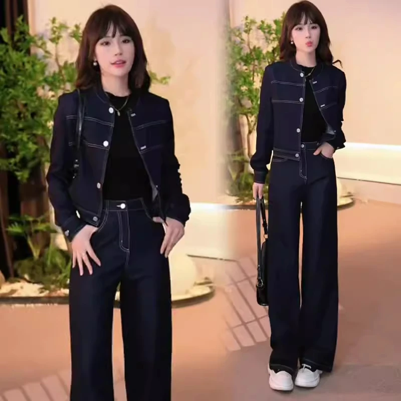 时尚牛仔套装女2025秋季新款显瘦减龄牛仔短外套高腰阔腿裤两件套