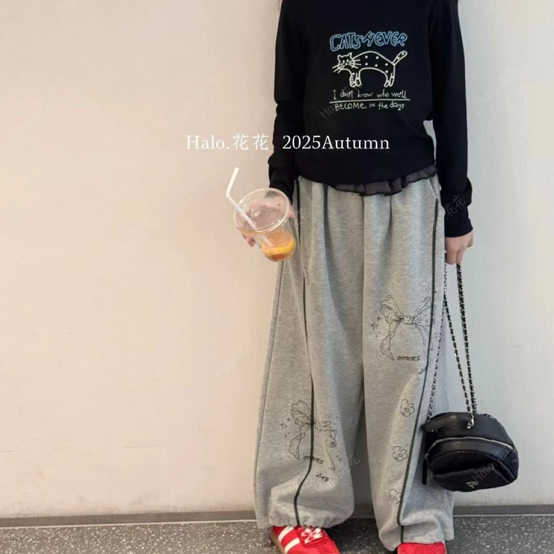 新款秋季女童休闲直筒裤纯色涂鸦印花舒适百搭