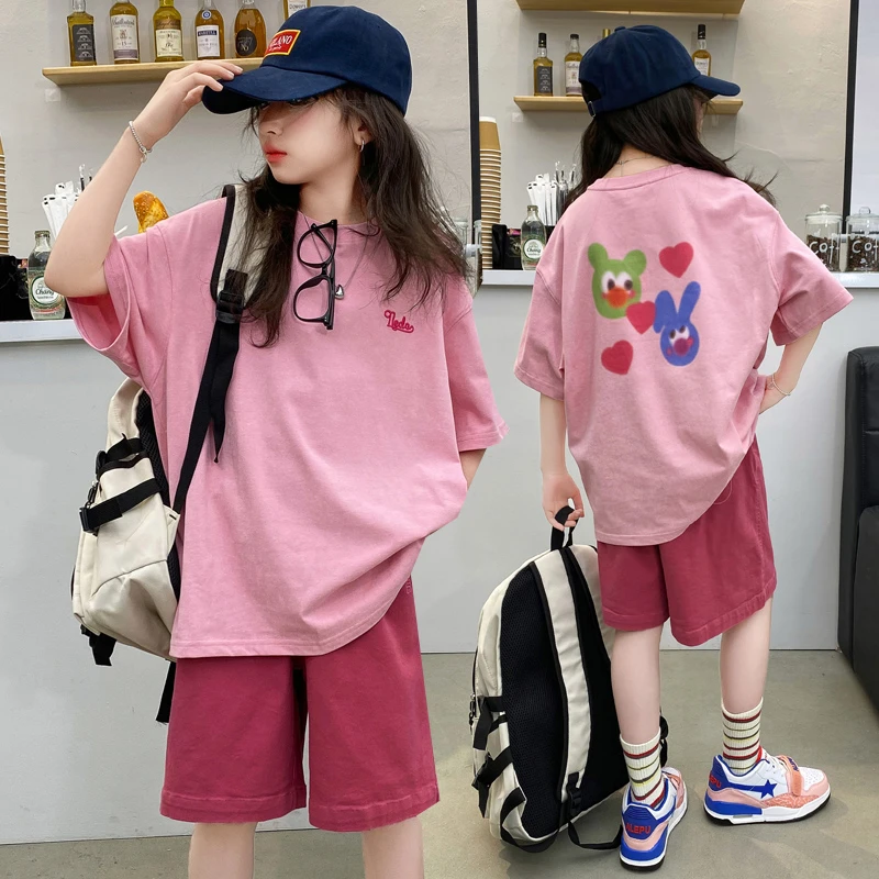 女童短袖t恤2025新款夏装套装大童初中夏款儿童女孩夏季休闲衣服