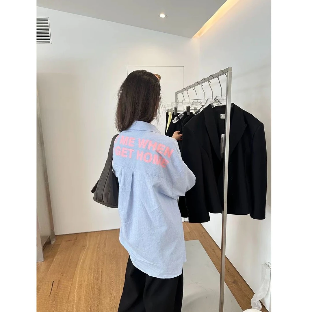 韩系休闲蓝色条纹防晒长袖衬衫女夏宽松显瘦上衣薄款百搭时尚春秋
