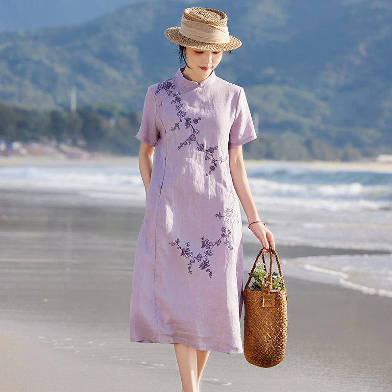 新中式改良亚麻碎花连衣裙女2025新款夏季国风绣花旗袍棉麻裙薄款