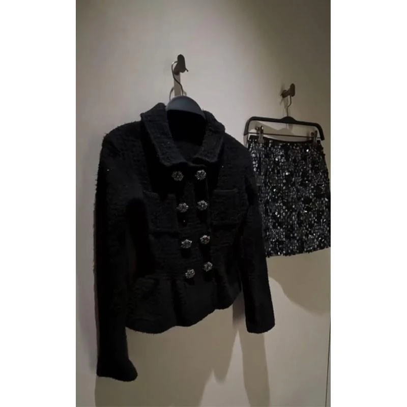 秋冬新款法式小香风气质时尚收腰显瘦长袖上衣高腰百搭亮片短裙女