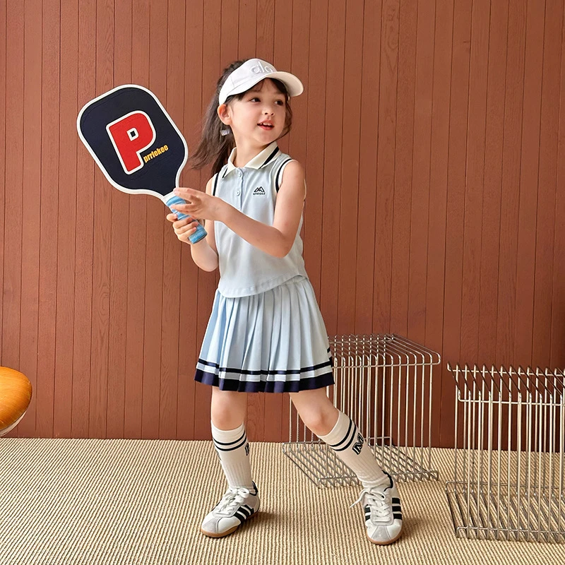 现货【25E015】儿童翻领背心+百褶裙两件套女童休闲polo裙元气套装