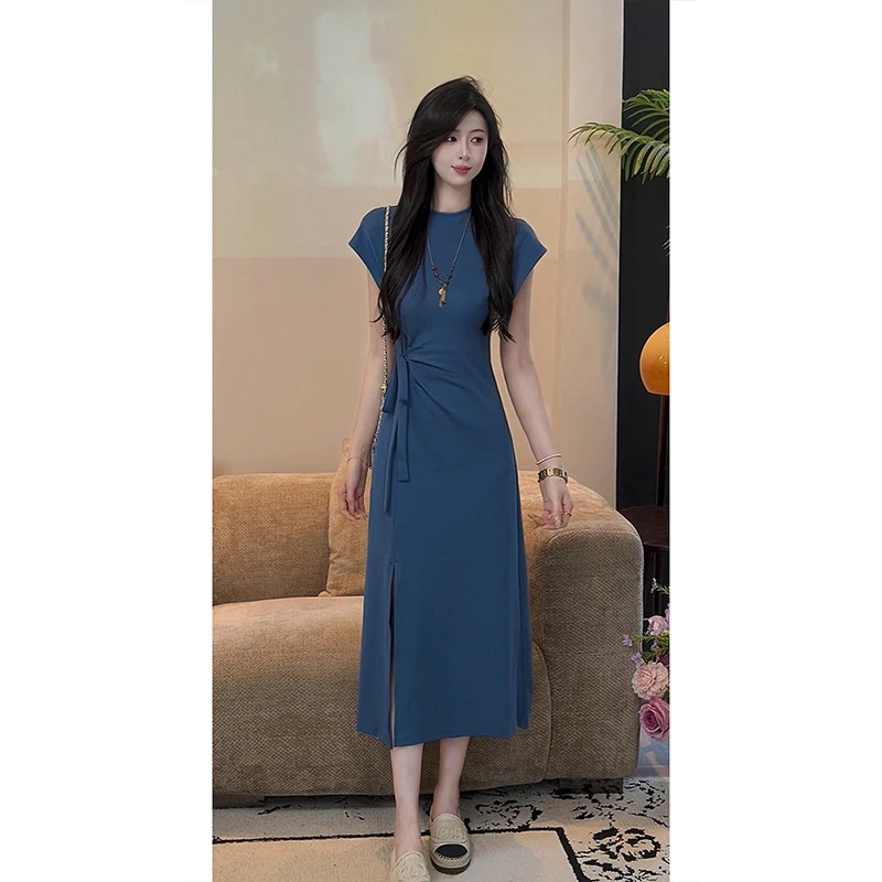 YUANLIANSU/圆脸酥【晚风寻月】夏季韩系简约百搭圆领系带连衣裙女