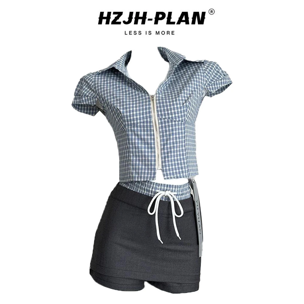 韩系通勤时尚女装格纹辣妹短袖衬衫上衣假两件裙裤套装