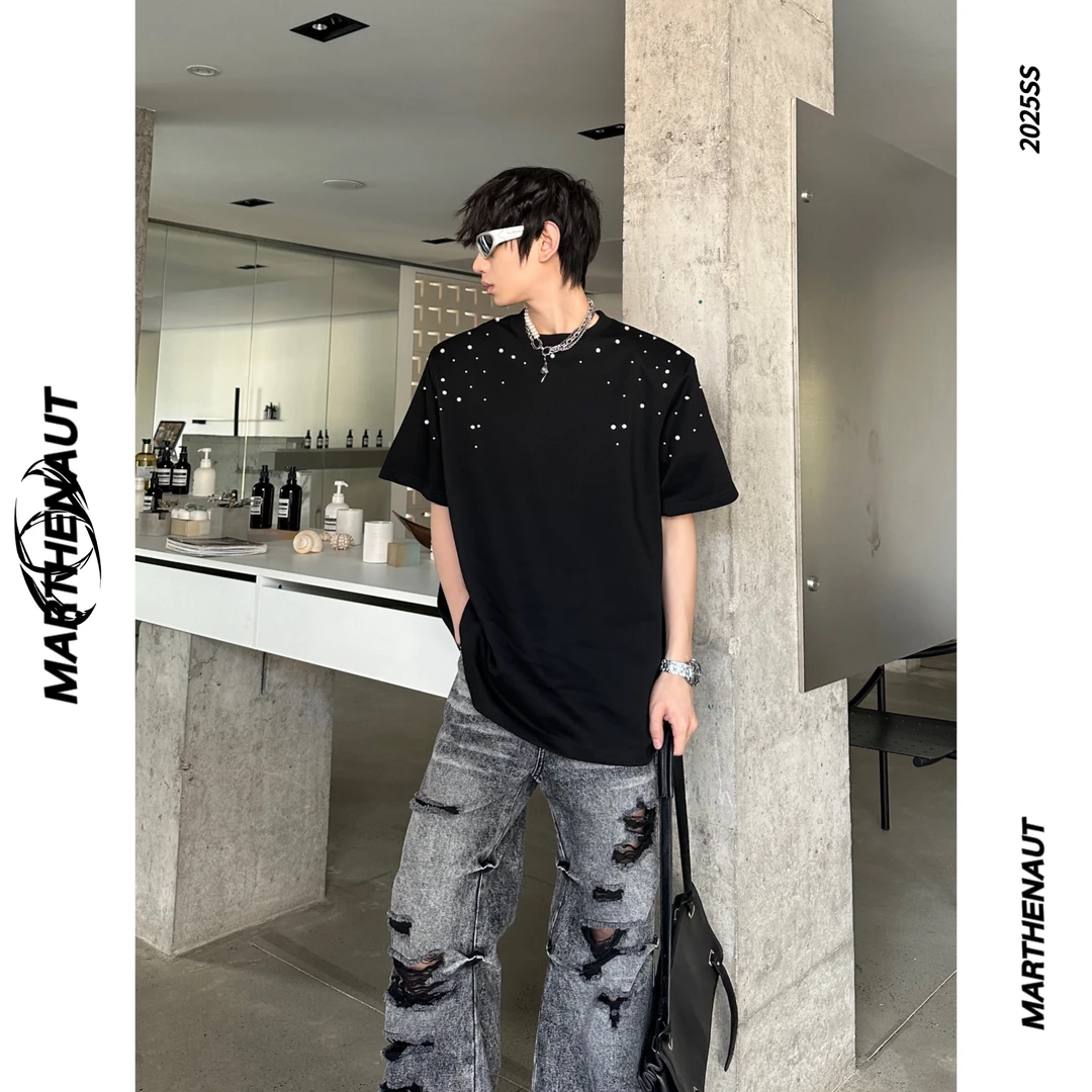 MARTHENAUT小众设计感垫肩字母印花珍珠T恤夏季休闲百搭短袖上衣