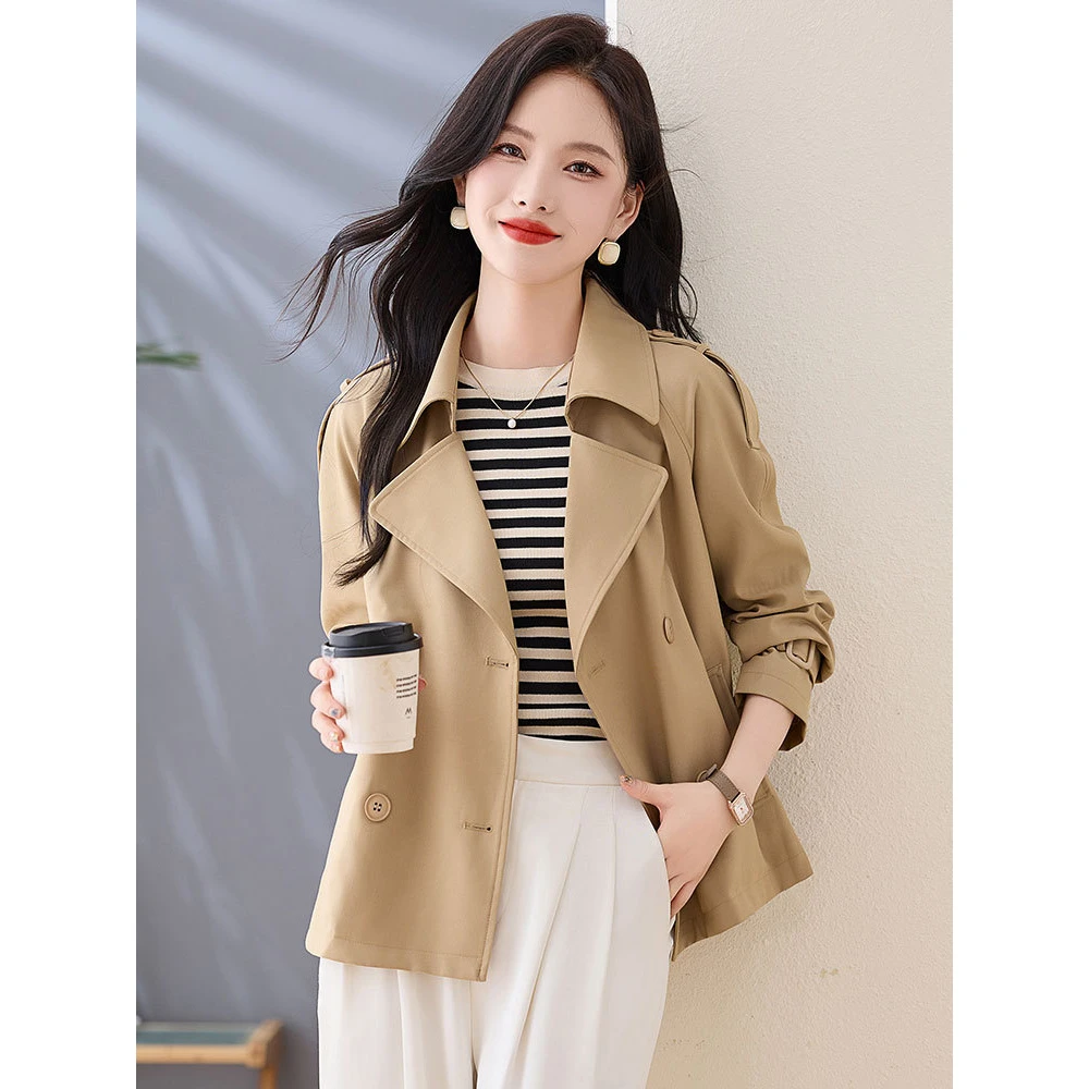春秋秋季时尚休闲宽松英伦风韩版卡其色显瘦小个子短款中长款外套