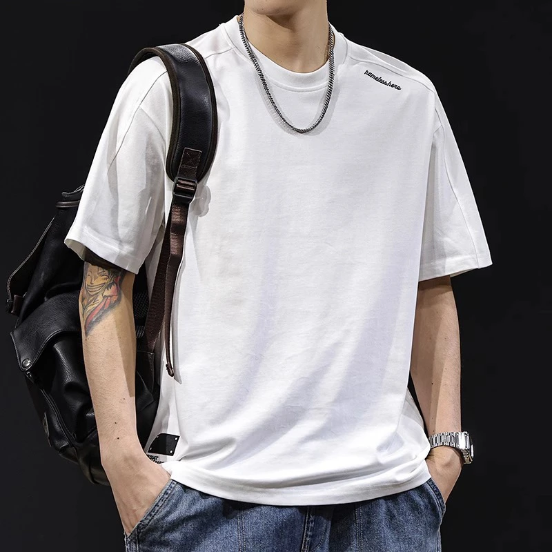 潮龛潮牌拼接短袖t恤男士宽松夏季2025新款衣服高端男装白色体恤