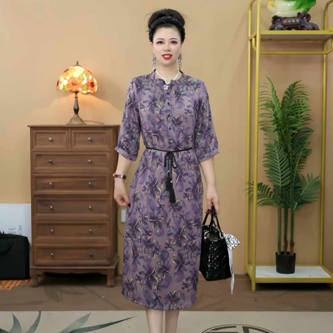 2624   新中式国风款贵气紫底印花七分袖2024夏季女装连衣裙