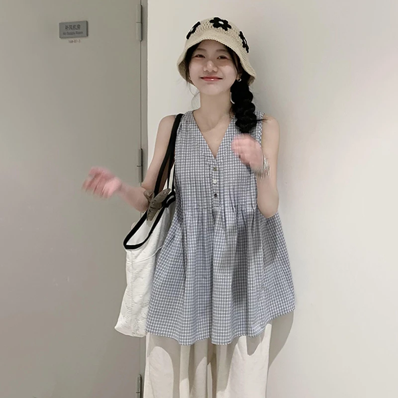 蓝色格子无袖v领背心小上衣女夏季外穿2025新款夏日漂亮ootd穿搭