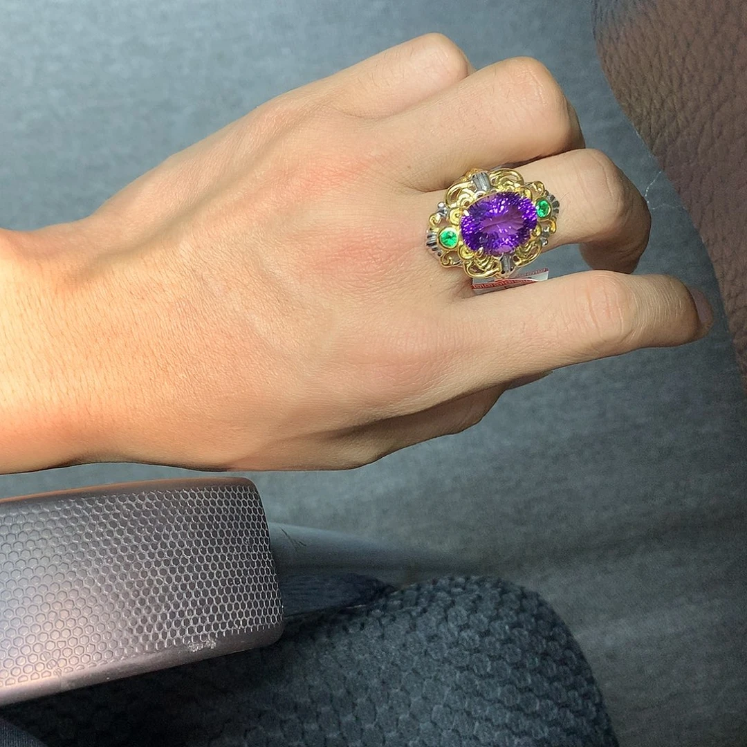 水晶戒指银S925镀金镶嵌