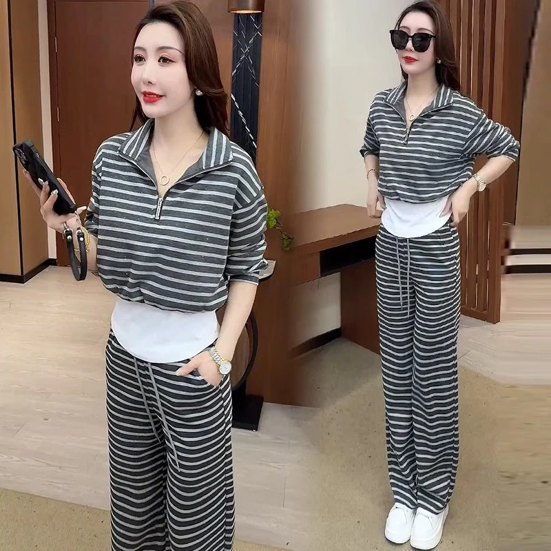 时尚休闲运动套装女2025春季新款洋气假两件条纹卫衣阔腿裤两件套