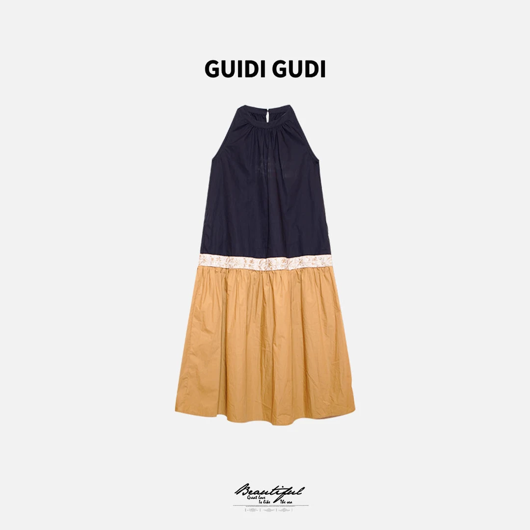 GUIDI GUDI【蓝莓甜筒】黄加蓝女人味时尚无袖挂脖连衣裙 L9520634H