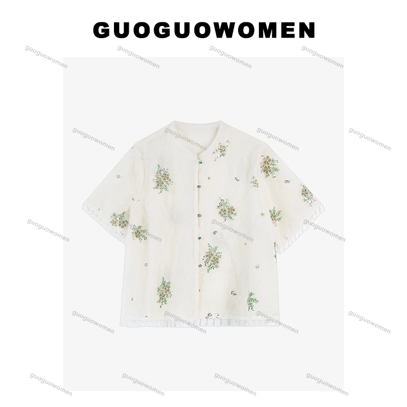 果果家 新中式薄款透气薄款短袖开衫2025女装春季刺绣亮片上衣