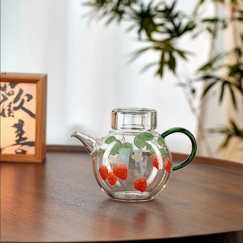 迷你小茶壶新款景德镇手绘草莓泡茶壶加厚耐高温女士一人用玻璃壶