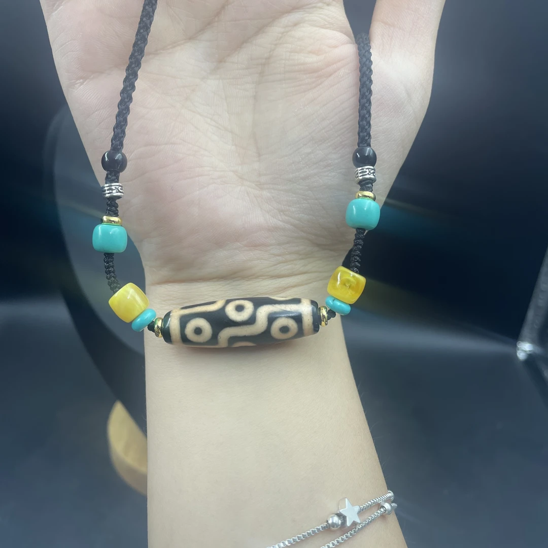 梵庭轩天然玛瑙红皮包浆九眼天珠挂件手工编织可调节男女锁骨链