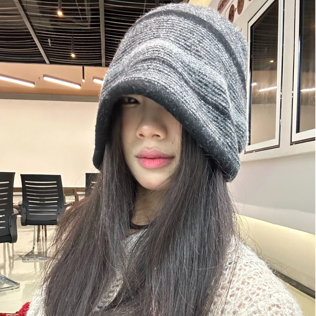 素颜条纹渐变套头冷帽女秋冬保暖针织帽大头围堆堆帽显脸小