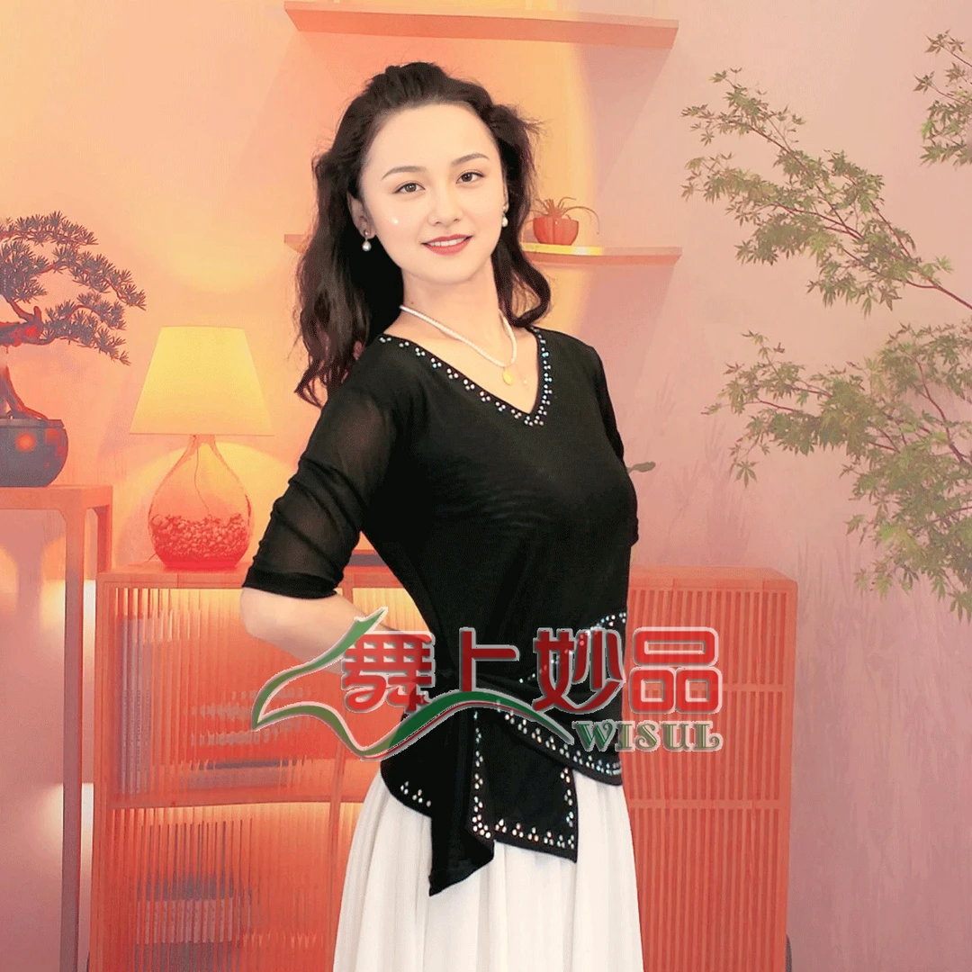 舞上妙品A30新疆舞蹈服装闪钻拉带上衣