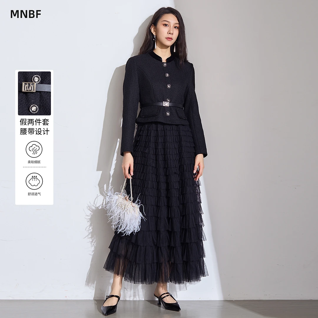 曼诺比菲商场同款秋季小香风拼接网纱连衣裙女收腰MFEL135101