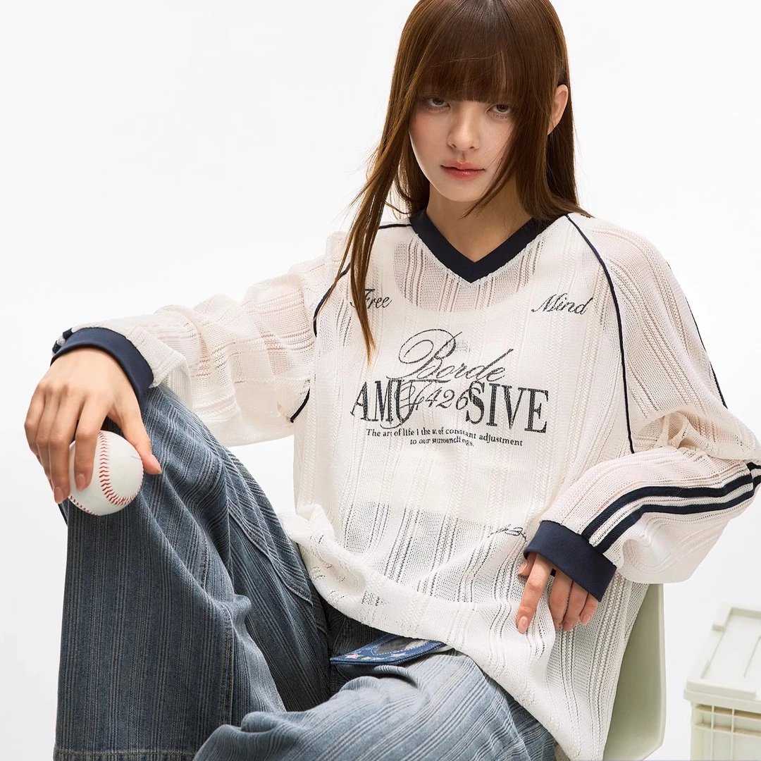 白色v领防晒罩衫女夏季设计感美式辣妹微透薄款长袖t恤上衣