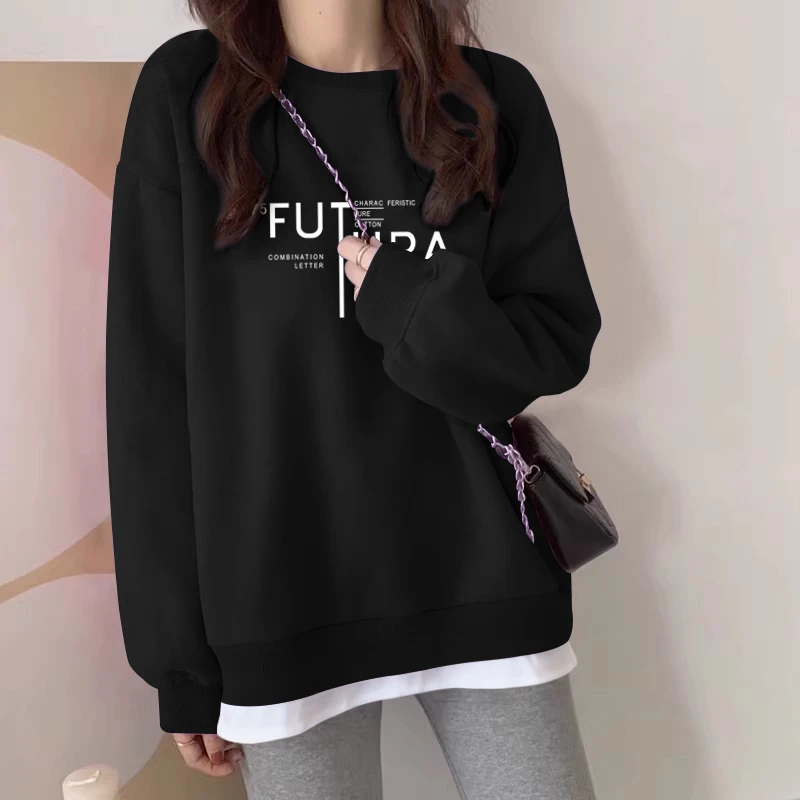 假两件圆领卫衣女2026秋冬新款宽松中长款盖遮屁股加厚黑色上衣