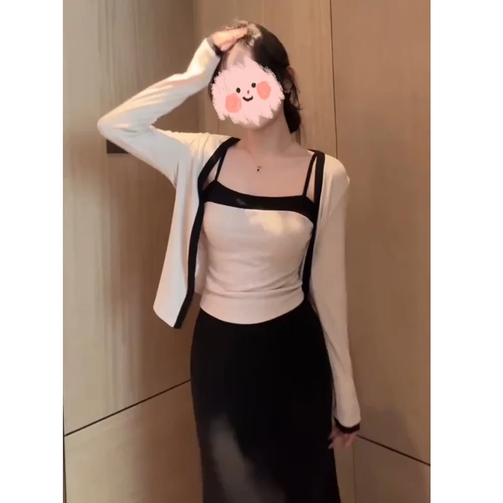 纯欲风撞色抹胸吊带内搭女春季新款修身显瘦短款长袖开衫上衣套装