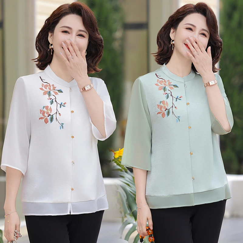 2025新款中老年女装中国风雪纺小衫民族风夏季洋气七分袖宽松上衣