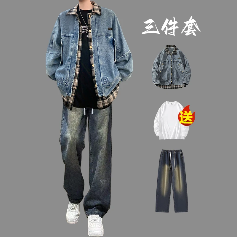 美式复古假两件格子牛仔外套男生春秋潮流休闲夹克搭配牛仔裤套装