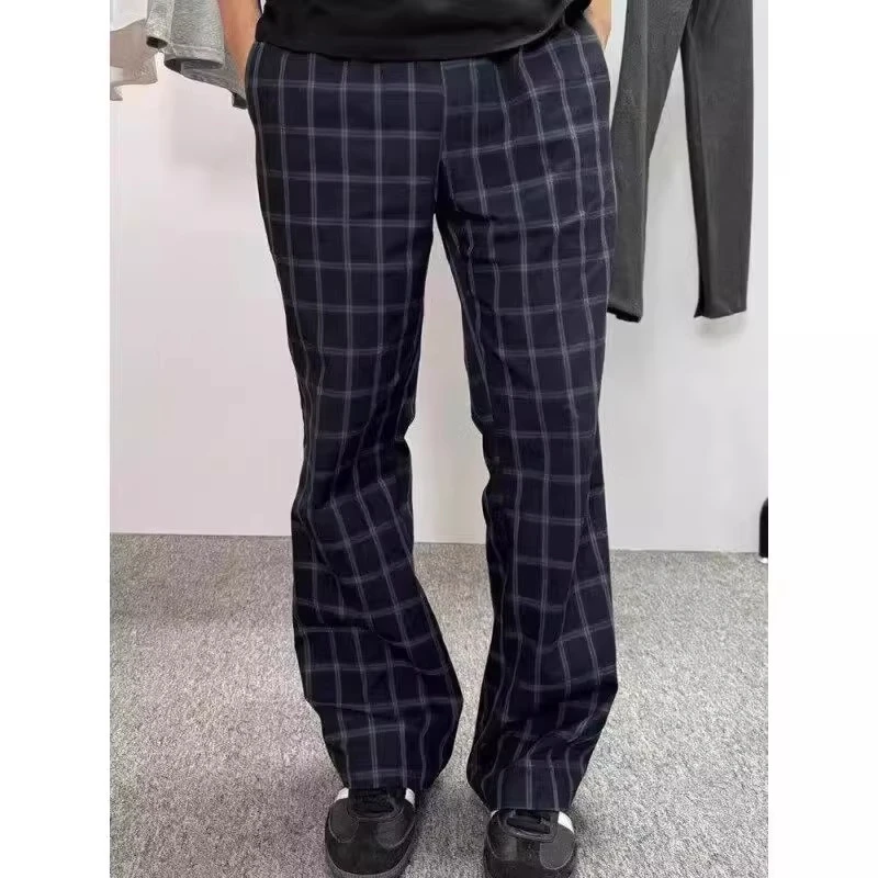 潮流休闲蓝色格子裤男款夏季薄款微喇冰丝裤子修身显瘦直筒长裤潮