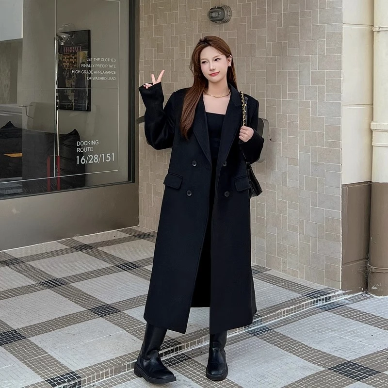 大码加长款黑色毛呢外套女秋冬季新款高个子减龄显瘦加厚呢子大衣
