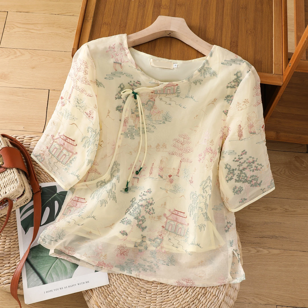 新中式国风短袖衬衫女士夏季新款2025气质高端欧根纱小衫雪纺上衣