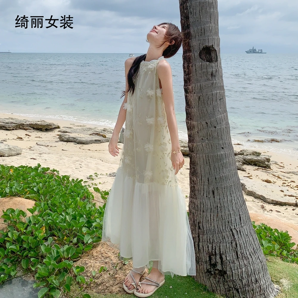 绮丽爆款法式立体花朵甜美挂脖复古连衣裙无袖宽松夏季Q520裙子