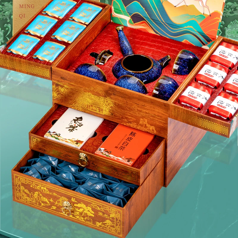 一路连升 五大茗茶 肉桂水仙大红袍陈皮白老白茶带茶具