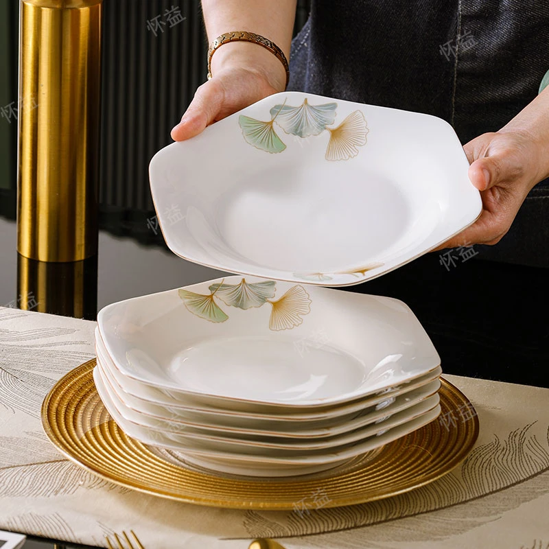 【银杏时光】六角盘4只家用高颜值陶瓷中式碗盘防烫个性套装