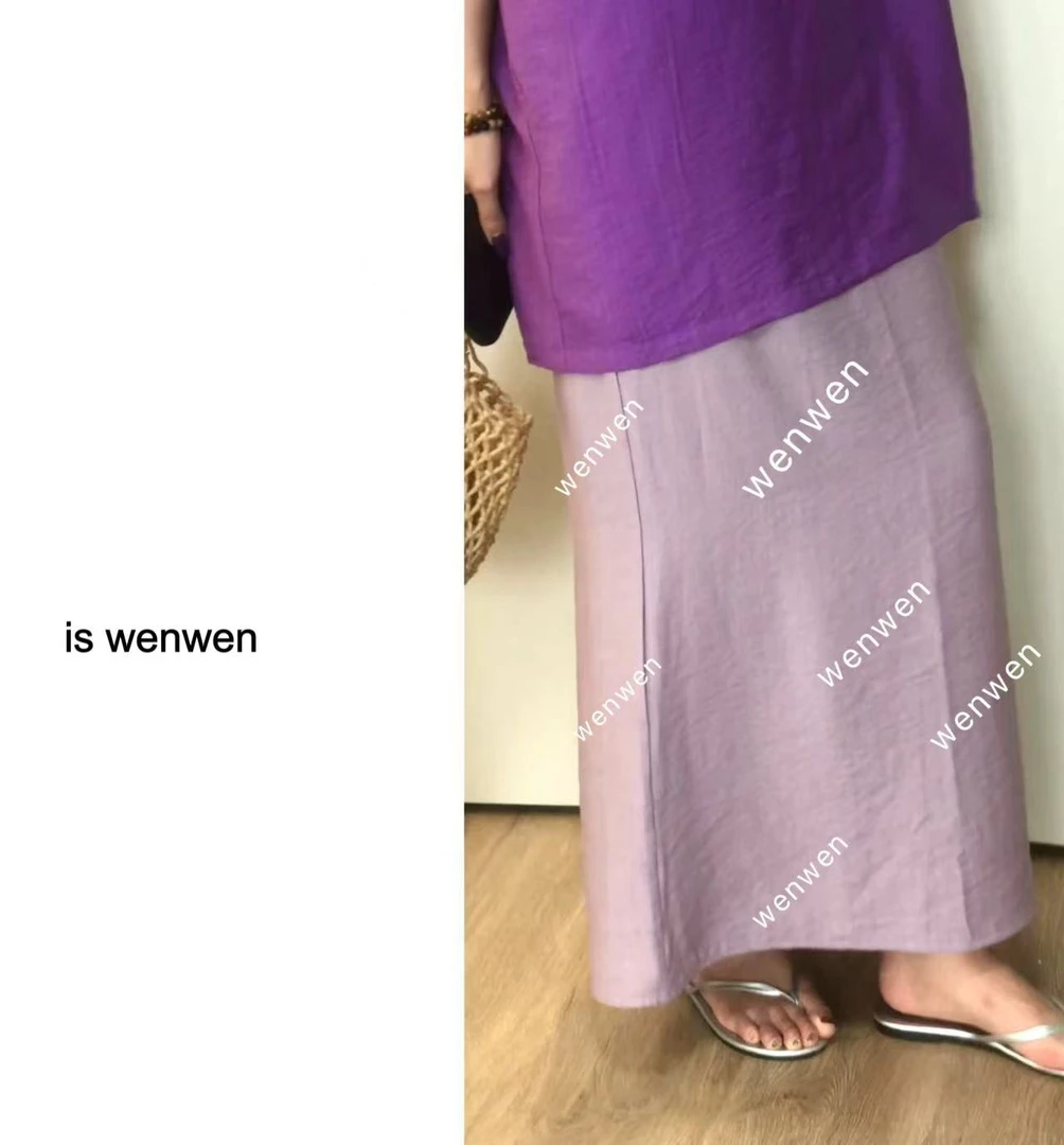 【WEN】雾紫漫游 夏季新款韩系复古纯色休闲后开叉半身裙 YS863