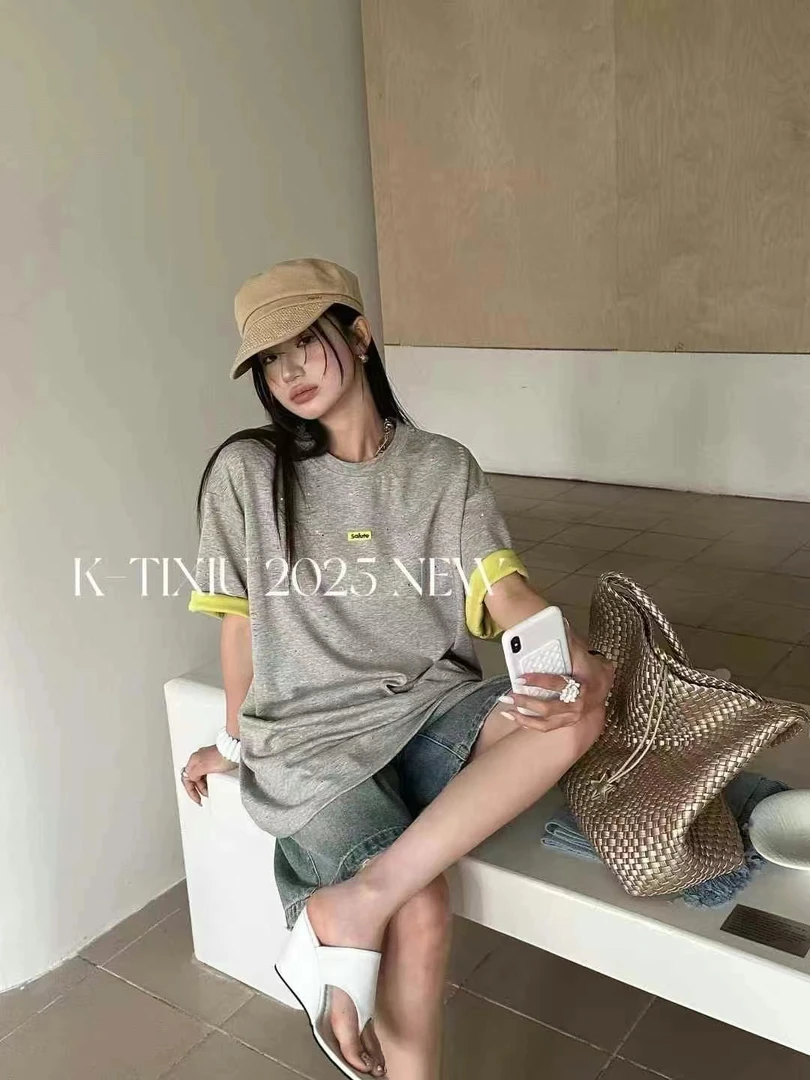 【静子家】韩版修身型圆领短袖T恤街头风小众复古印花运动夏季常规