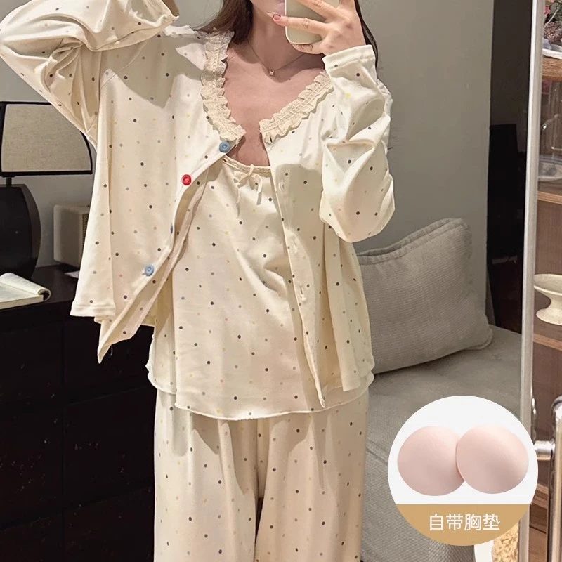 三件套睡衣女秋冬季长袖德绒保暖波点自带胸垫甜美外穿家居服套装