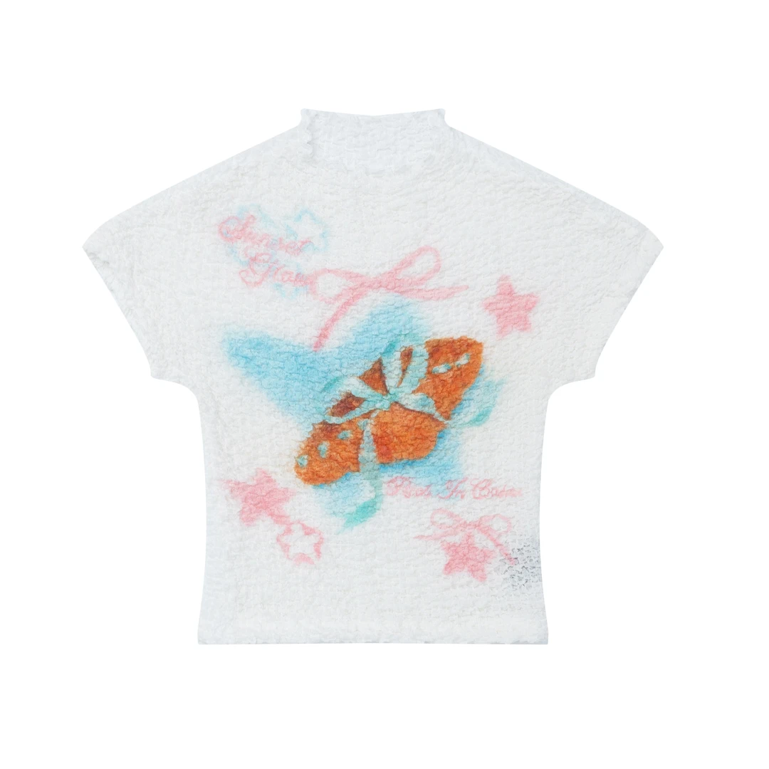 凛可爱 夏季新款蝴蝶结印花短款T恤修身显瘦甜美打底上衣