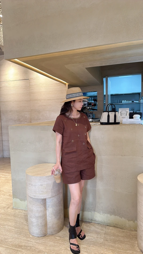 POGU-R 新品经典亚麻套装宽松中式老钱风马甲背心短裤套装TZ-632