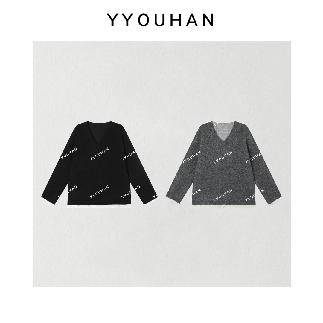 小众设计极简风撞色拼接V领长袖毛衣 2412B5883