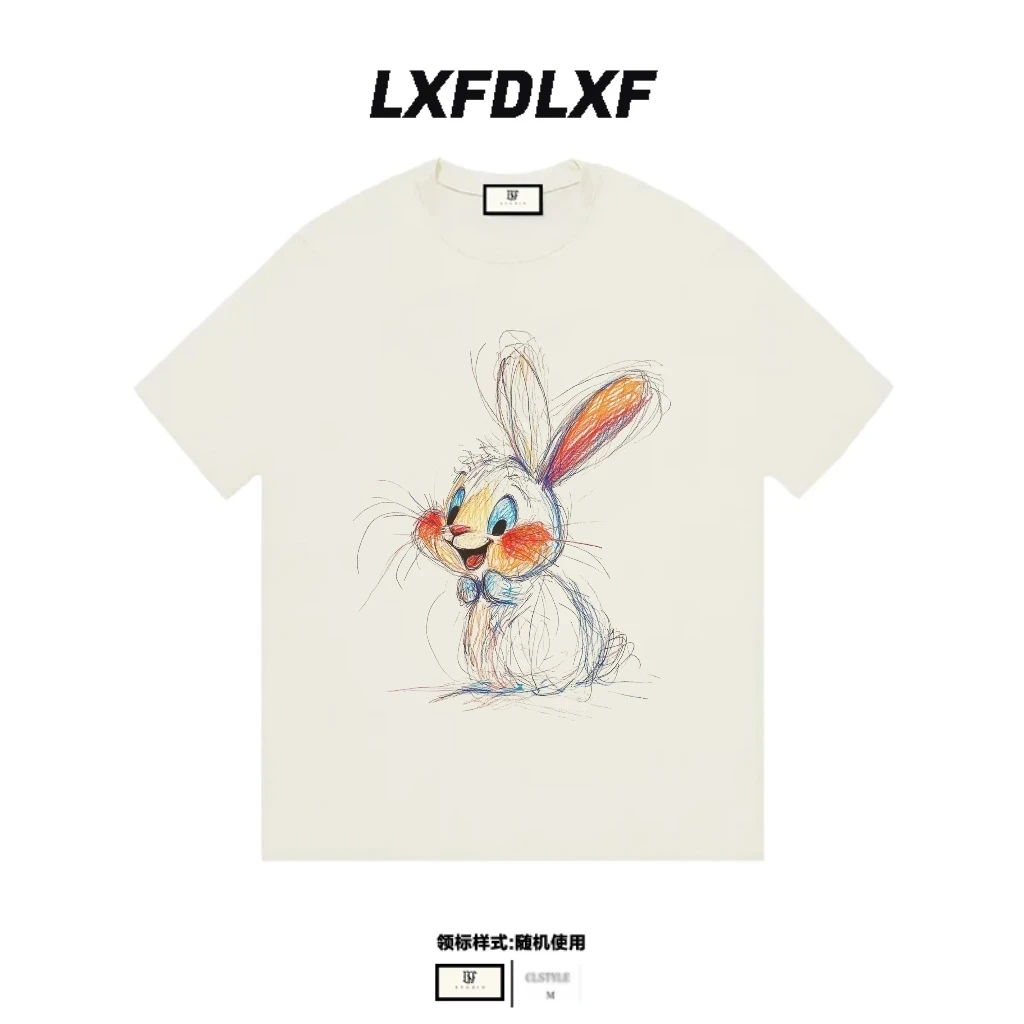 「彩绘兔子」LXFDLXF 宽松版型 男女同款 直喷工艺 美式短袖t恤情侣