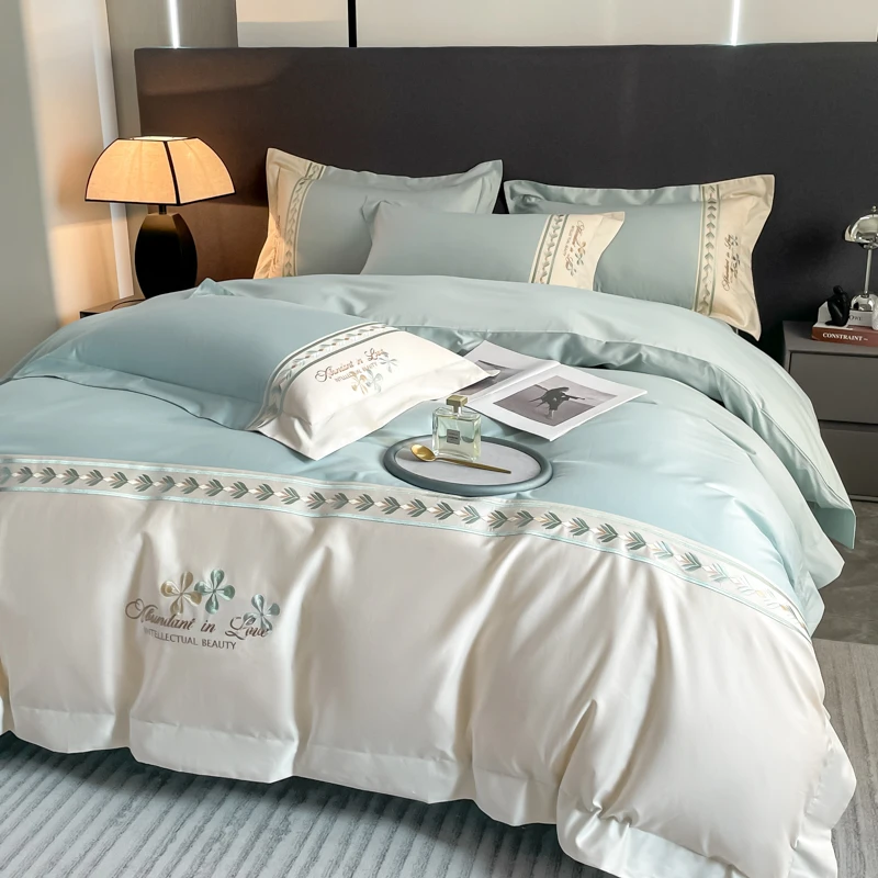 全棉长绒棉四件套高支高密纯棉刺绣四件套亲肤轻奢风高档带礼盒