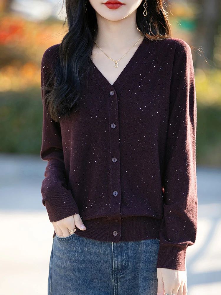 春季新款 精仿羊毛V领珠片针织开衫