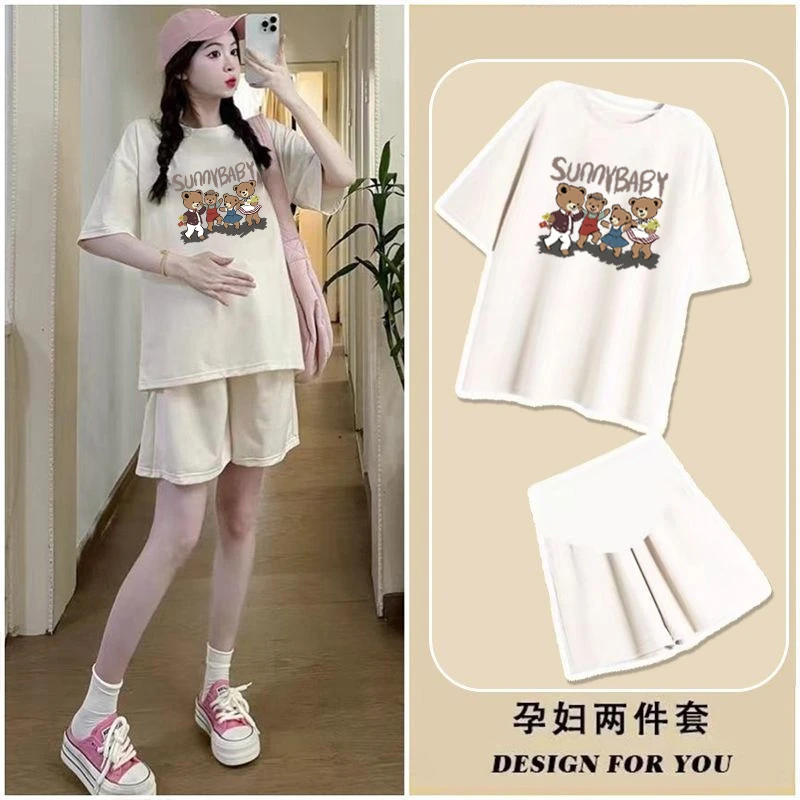 孕妇装夏季短袖套装薄款外穿宽松T恤上衣裤子休闲两件套家居服