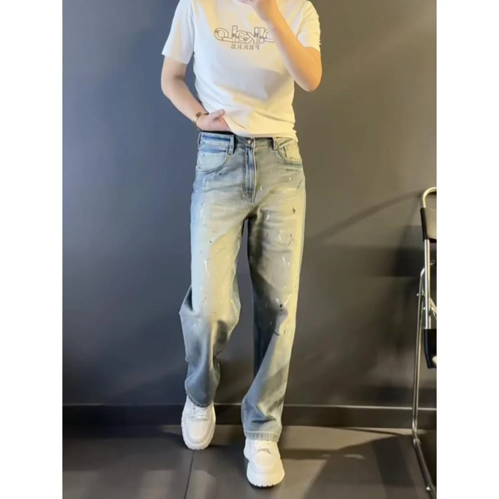 潮牌男装轻奢大码男士重工星空泼墨老爹阔腿夏新款星空泼墨牛仔裤