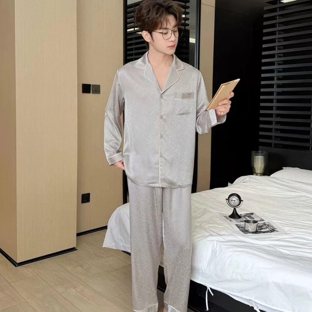 新款睡衣男士春秋长袖薄款冰丝高级感提花大码可外穿家居服套装秋