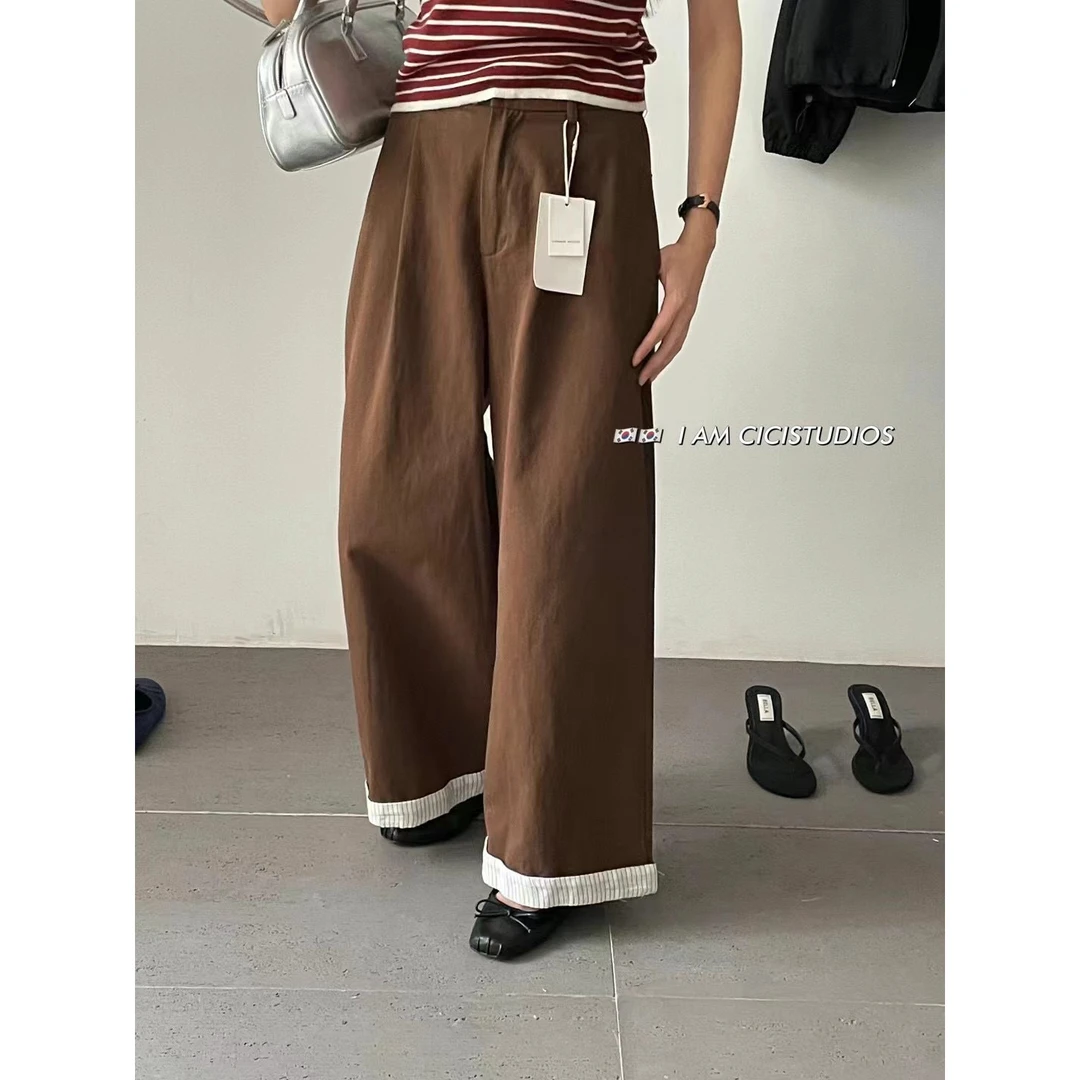 《2472》条纹拼接卷边阔腿裤女韩版显瘦宽松休闲直筒长裤